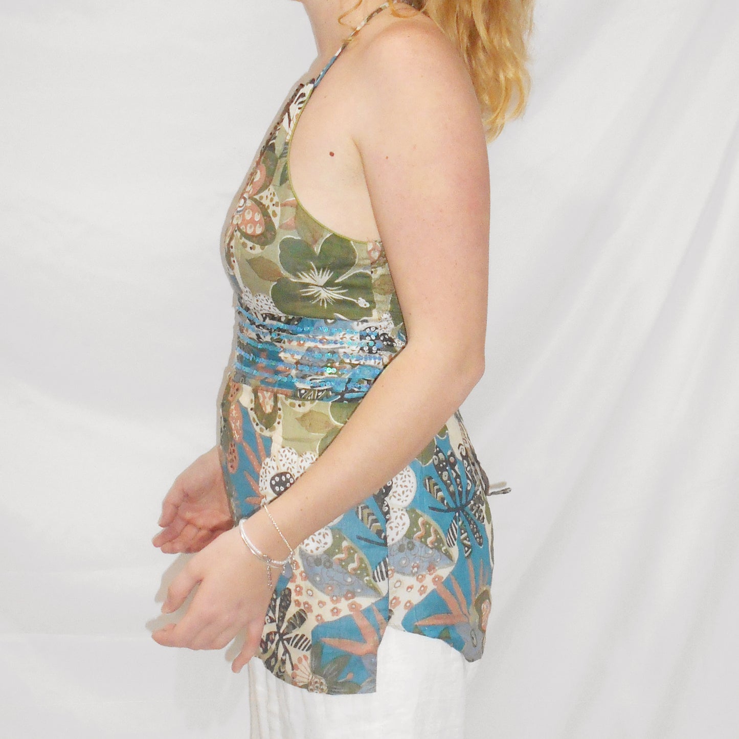 Vintage Deadstock Aqua Embellished Floral Halter Top