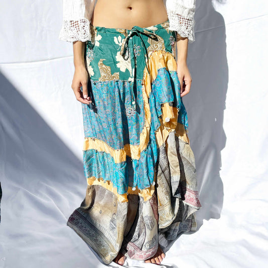 'Enchanted Meadow' Vintage Sari Drawstring Skirt | Hand-Embellished